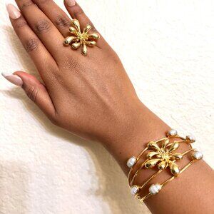 Pearl Cuff Bracelet Gold Plated & Ring Set